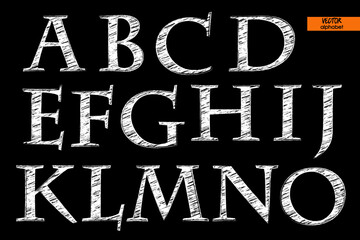art simple classical alphabet in vector, chalk white handmade font on black back, part 1