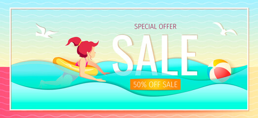 Promo banner or flyer for summer sale with girl swimming in the sea with rubber ring. Vector Illustration for special discount offer, advertising, commercial. 