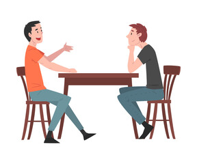 Obraz premium Two Guys Sitting at Table in Cafe, People Drinking Coffee and Relaxing at Coffeehouse or Coffee Shop Vector Illustration