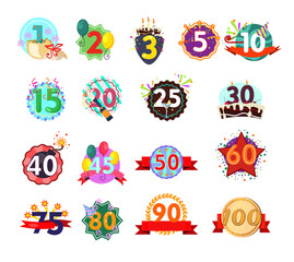 Anniversary signs set illustration. Bright festival ribbons with jubilee numbers. Can be used for topics like birthday, celebration, festival - obrazy, fototapety, plakaty