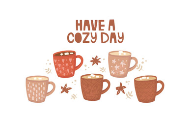 Hand-drawn card and handwritten lettering with a wish. Vintage cups with hot drinks. Coffee, cocoa, cappuccino decorated with marshmallows. The inscription 