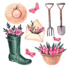 Watercolor set with garden items