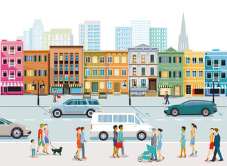 Obraz na płótnie Canvas Stadt mit Straßenverkehr, Wohnhäuser und Fußgänger auf den Bürgersteig
