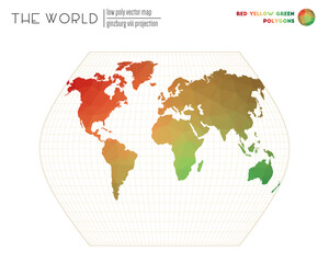 Abstract world map. Ginzburg VIII projection of the world. Red Yellow Green colored polygons. Trending vector illustration.