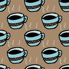 Seamless vector of pastel blue tribal style Motif art coffee cup on brown background for making many kinds of printing or textile graphic related Aboriginal, Maya, Inca, African trendy style