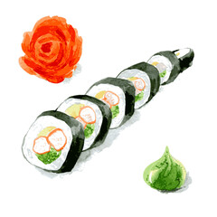 Rolls with avocado and crab, served with ginger and wasabi. Hand drawn watercolor illustration. Vector - 359869591