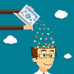 Icons like, hearts thumbs up pour from the laptop screen