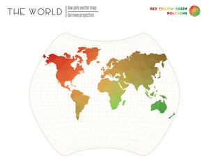 Low poly world map. Larrivee projection of the world. Red Yellow Green colored polygons. Trending vector illustration.