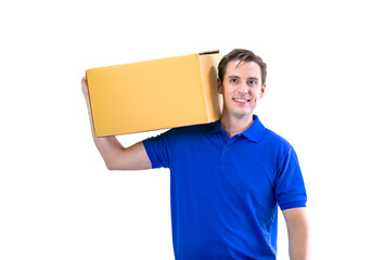 Delivery young man holding a cardboard box