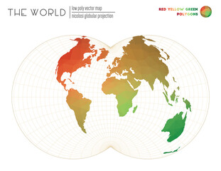 Polygonal world map. Nicolosi globular projection of the world. Red Yellow Green colored polygons. Amazing vector illustration.
