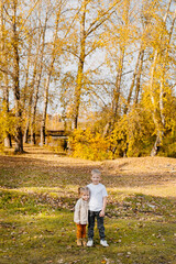 Fototapeta premium Brother and sister are walking in nature. Autumn photo of children. Little girl and boy together among yellow autumn foliage and grass. High quality photo