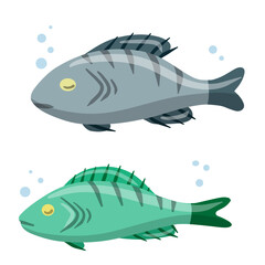 Set of fish. River green and grey animal with scales, fins and a tail. Sea food. Cartoon flat illustration isolated on white background. Element of fishing.