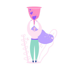 Woman holding big menstrual cup. Menstrual protection for women, zero waste, eco feminine hygiene. Hand drawn flat vector illustration.
