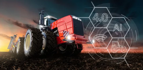 Gordijnen Autonomous tractor with artificial intelligence. Digitalization and digital transformation in agriculture 4.0. Smart farming © scharfsinn86