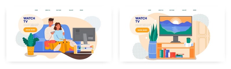 Family couple watch tv set at home. House living room interior with TV. Stay at home concept illustration. Vector web site design template. Landing page website illustration