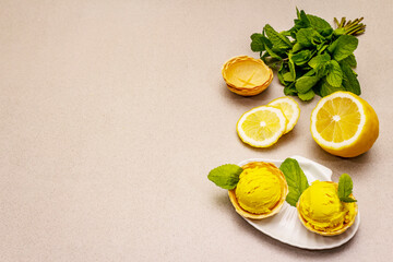Lemon ice cream with mint. Refreshing summer dessert, ripe fruit, fragrant leaves