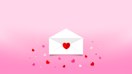 envelope white and cute heart shape many on pink background, envelope open and heart red pink confetti for love letter concept, envelope for mail message love, letter cute for greeting valentine card