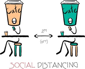 Social distance Keep a safe distance of 2 meters or 6 feet between cafe or restaurant icon tables. People drinking. Vector image. Hand drawn lines.	