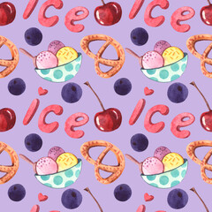 Seamless watercolor pattern with ice cream and sweets