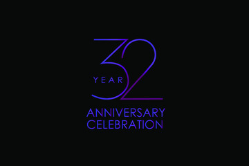 32 years anniversary Elegant purple color minimalist logo years, jubilee, greeting card. Birthday invitation. Gold space vector illustration on black background - Vector
