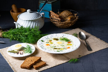 Dill soup with potato, fresh dill and egg