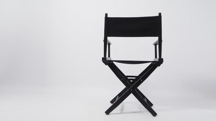 Back of black director chair use in video production or movie and cinema industry on white background.