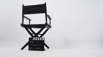 Back of black director chair use in video production or movie and cinema industry on white background.