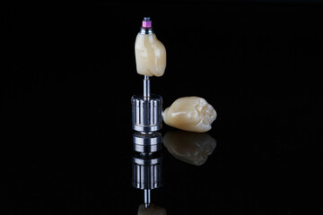 two excellent dental crowns with a screwdriver on a black background with reflection