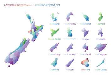 New Zealander low poly regions. Polygonal map of New Zealand with regions. Geometric maps for your design. Powerful vector illustration.