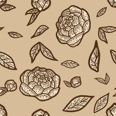 Seamless pattern beige color, peony flower. Sketch scratch board imitation.