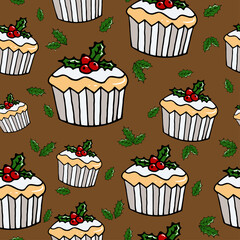 Christmas vector seamless pattern. Cupcakes background. New Year colorful texture  for wrapping, wallpaper, textile, scrapbooking. Hand drawn vector illustration in doodle style.