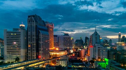 Beautiful aerial view of Bangkok, Thailand, at blue hour from the Sukhumvit district