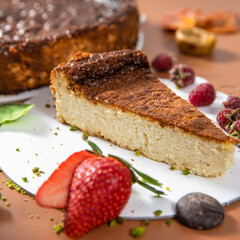 Tasty colorful chocolate cake with strawberry close up