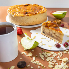 Tasty honey chocolate cake with tea close up