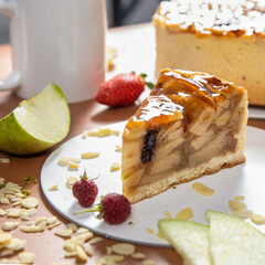 Tasty honey chocolate cake with close up