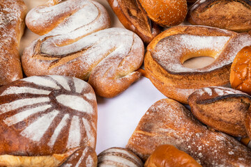 Tasty breads top view with empty center for logo