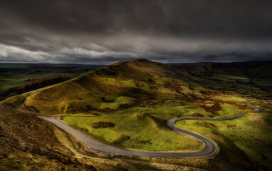 Mam Tor road in the peak district, windy tarmac road between Edale and Hope in Derbyshire