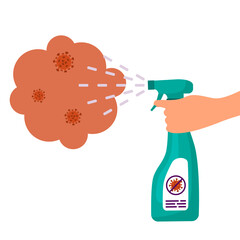 Disinfection of viruses and bacteria. A person kills a viral bacterium with a disinfectant. Vector illustration.