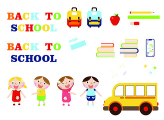 school supplies, books, pencil, ruler, backpack, yellow bus, kids, vector illustration