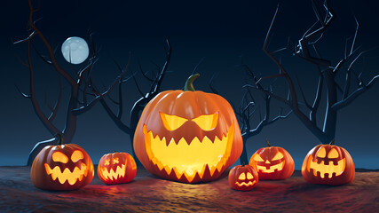 Six carved pumpkins are lying on the ground at night near withered trees under the full Moon's light. Spooky Halloween-themed 3D illustration. - 359876795