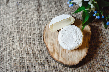 Camembert French soft cheese with white mold on a wooden board. Sliced round cream cheese camembert, on a textile background from a sackcloth. Top view.  copyspace. Film noise