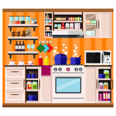 Cozy kitchen with furniture, food, dishes and equipment. Vector illustration on the theme of home interior and cooking.