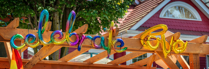 Rainbow balloons 'celebrate love' at Vancouver Gay Pride 2019, British Columbia, Canada