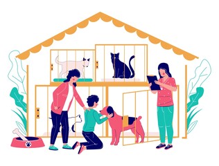 Pet shelter vector concept flat style design illustration. Mother with her son adopting cute dog from animal shelter or rescue center. Homeless pet adoption.
