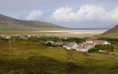 Fototapeta na wymiar A view across Northton village towards the beach, Isle of Harris, Western Isles, Scotland, UK.