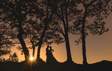 silhouette of a bride and groom wedding couple at sunset in the trees, sun flare and an orange sky