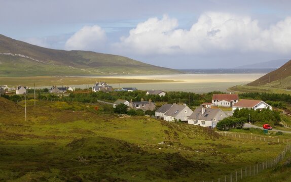 A view across Northton village towards the beach, Isle of Harris, Western Isles, Scotland, UK.