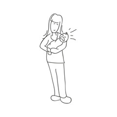 mother holds crying baby in her arms outline drawing vector illustration EPS10
