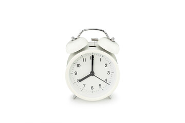 Front side of white retro alarm clock on isolated background.with clipping paths.