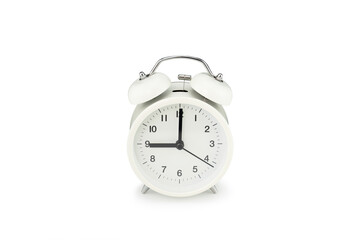 Front side of white retro alarm clock on isolated background.with clipping paths.